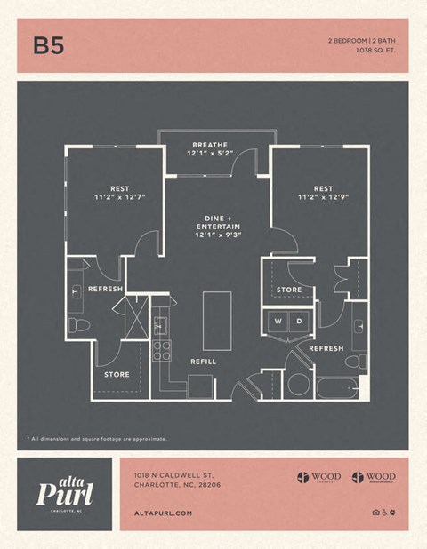 Floor plan for 2 beds, 2 baths, 1038 sqft